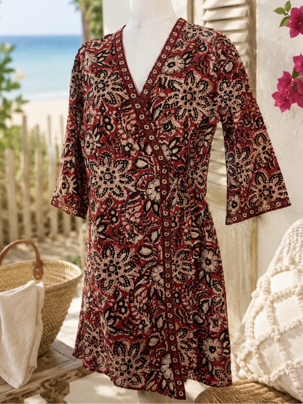 Anokhi size Small cotton wrap dress block print boho hippie indian cotton